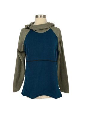 Melanzana Hoodie Micro Grid Fleece Womens Large Blue Green Colorblock